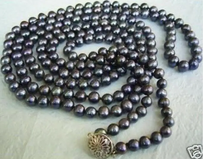 

new Exquisite 7-8mm FW black pearl necklace 50" AAA