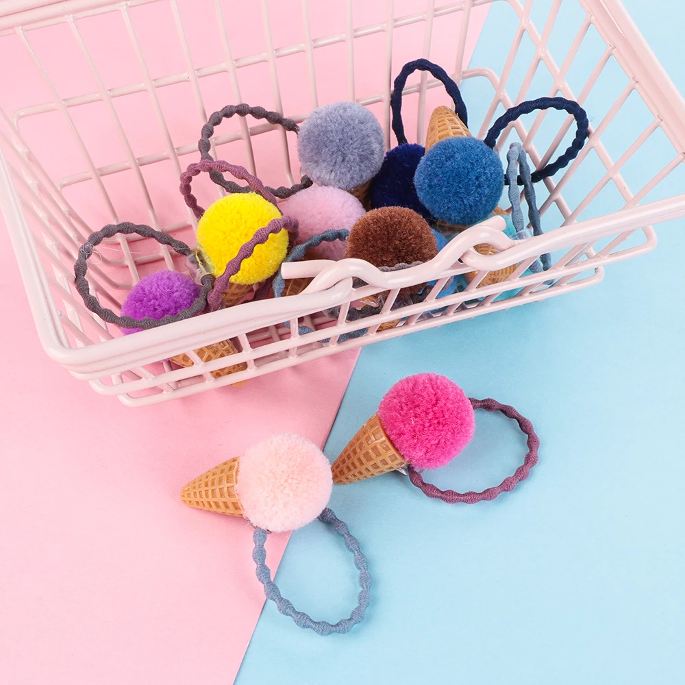 Fashion Kids Ice Cream Fluffy Pompom Girls Hair Ties Seamless Elastic Band Faux Fur Ponytail Holder Rope Headwear | Детская одежда и