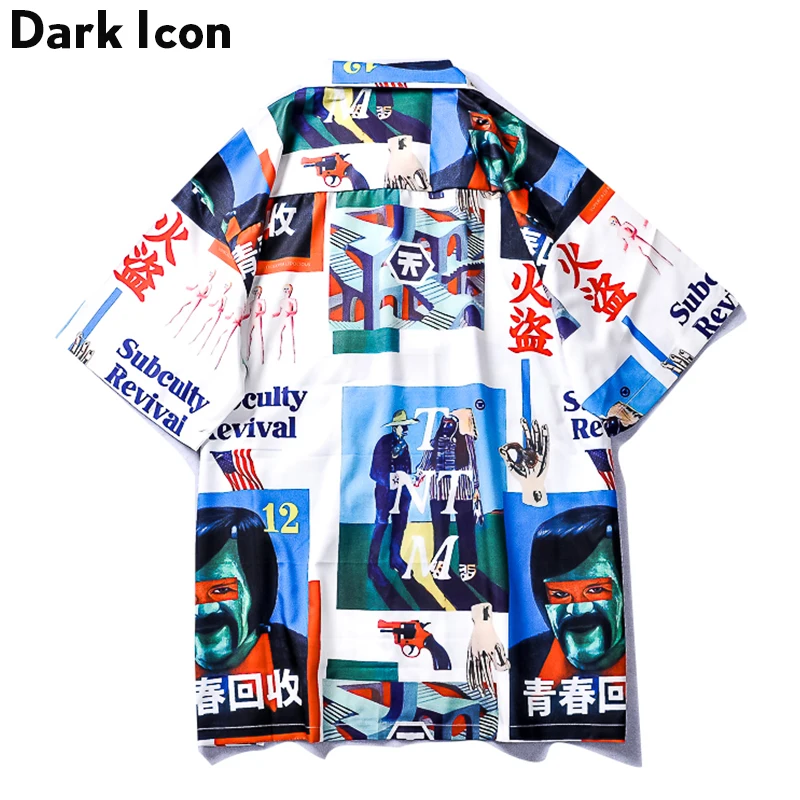 Dark Icon Vintage Street Shirt Men 2019 Summer Turn-down Collar Retro Hip Hop Shirt Front Short Back Long Men's Shirt Male Top