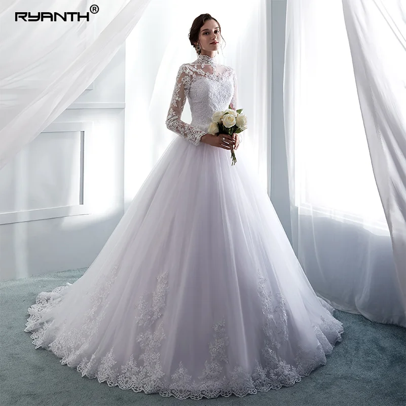 Ryanth Vestido De Noiva свадебное платье с высоким воротом и длинным рукавом 2018 кружевное