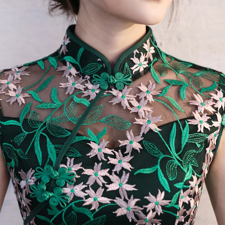 

Fashion Party Cheongsam Oriental Dress Traditional Chinese Style Womens Lace Elegant Qipao Sexy Long Robe Vestido Flowers S-3XL