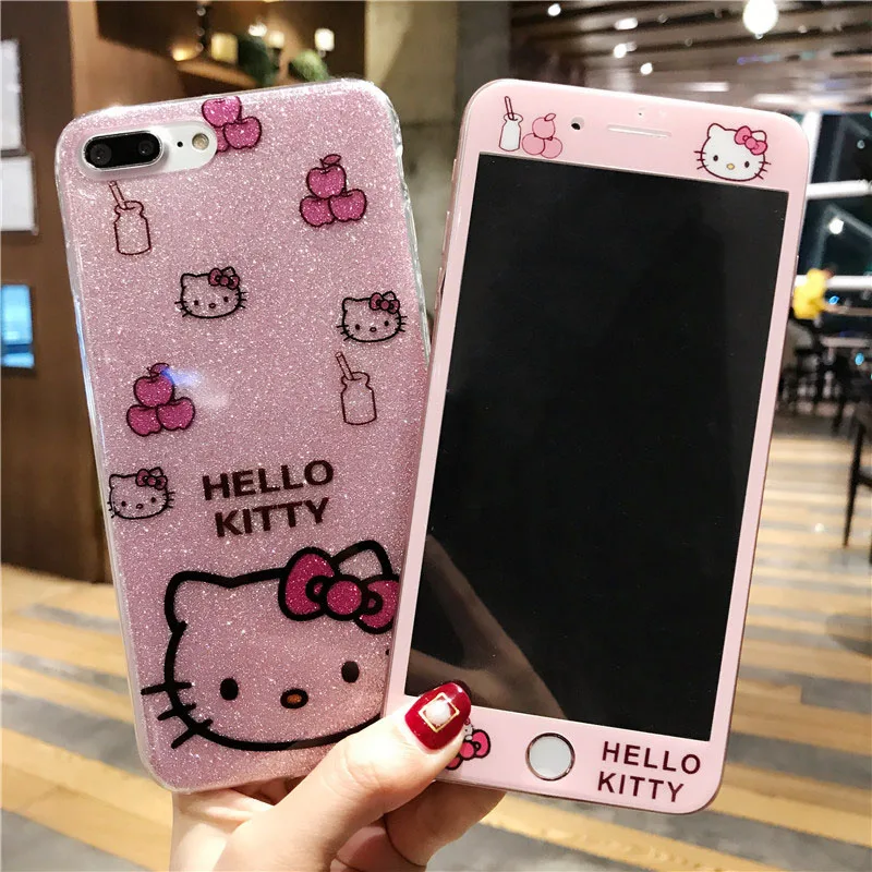 Для iphone 8 plus Китти Кэт розовый TPU Защитный чехол + закаленное Стекло Экран