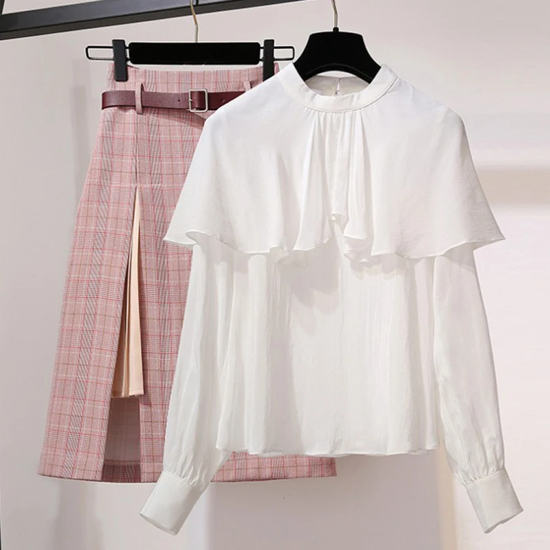 Женский комплект 2 шт. белая блузка с оборками и розовая клетчатая юбка