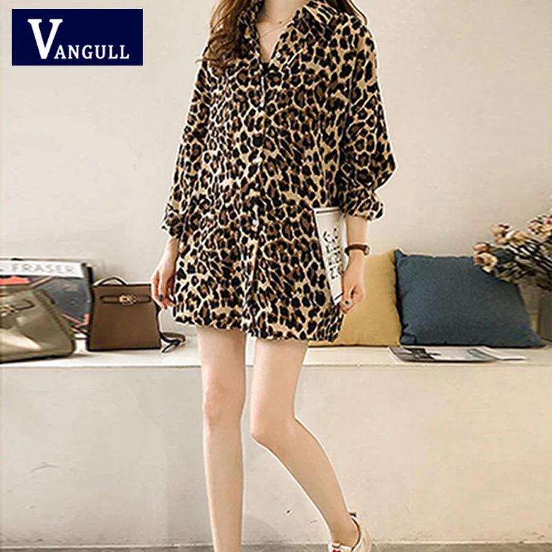 Vangull 2019 Summer New Style Fashion Women Leopard Shirts Long Sleeve Chiffon Tops Plus Size Loose Casual Ladies | Женская одежда