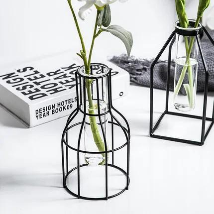 Simple Nordic Geometric Glass Hydroponic Transparent Wrought Iron Flower Vase Home Living Room Fake Decoration Ornaments | Дом и сад