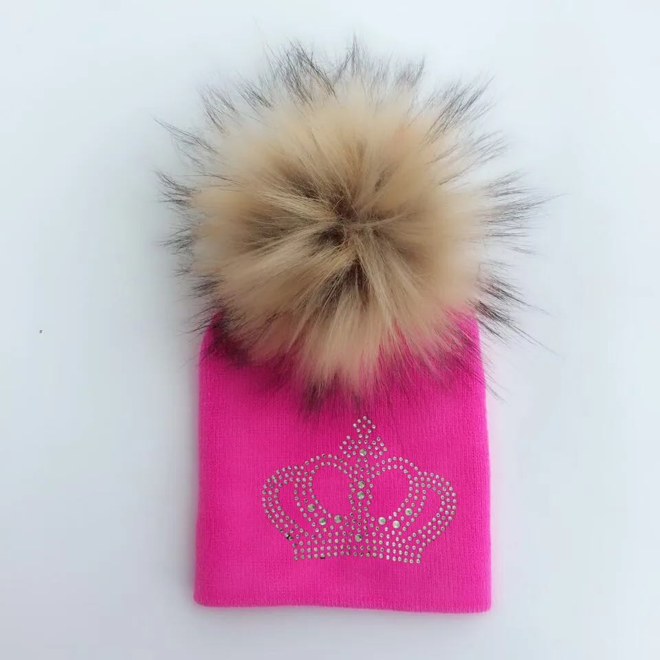 crown hot pink 2 Детская вязаная теплая Зимняя шерстяная шапка с алмазной вышивкой для девочек и мальчиков, Детские повседневные шапочки короны с помпоном из искусственного меха - Цвет: crown hot pink 2
