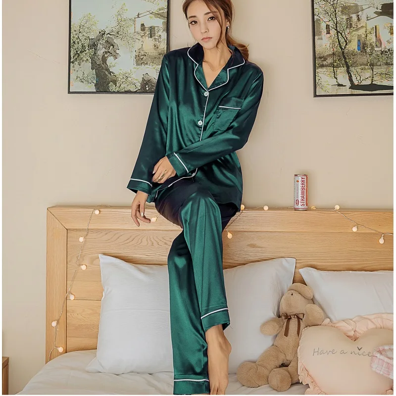 

Silk-like Pajamas Female 2017 Womens Satin Pajamas Set Long Sleeved Pajama Pyjamas Set All Seasons Sleepwear Loungewear