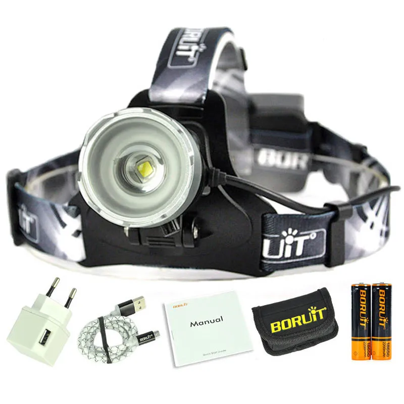 Black with battery BORUiT B13 Cree XMl-L2 светодиодный налобный фонарь Перезаряжаемые Отдых на природе головной светильник лампа фонарь Перезаряжаемые Linterna фонарик с Фонарь велосипедный головной светильник - Испускаемый цвет: Black with battery