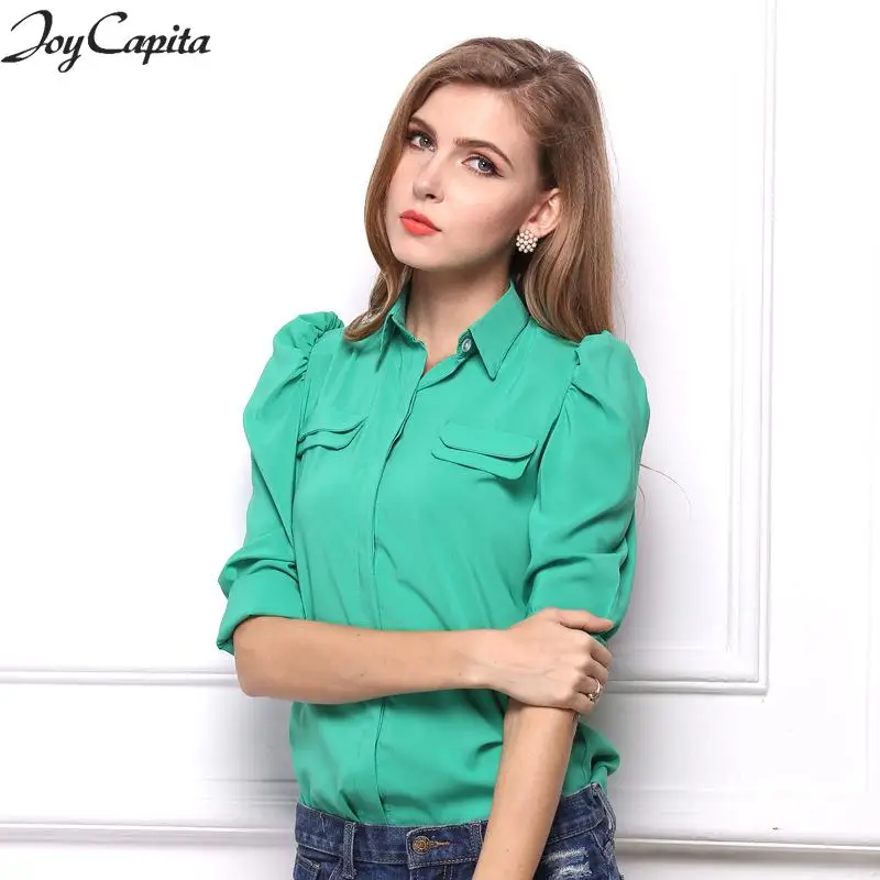 Joy Capita 2017 Blue Chiffon Blouse Casual Plus Size Blouses For Women Solid Short Sleeve Shirt |