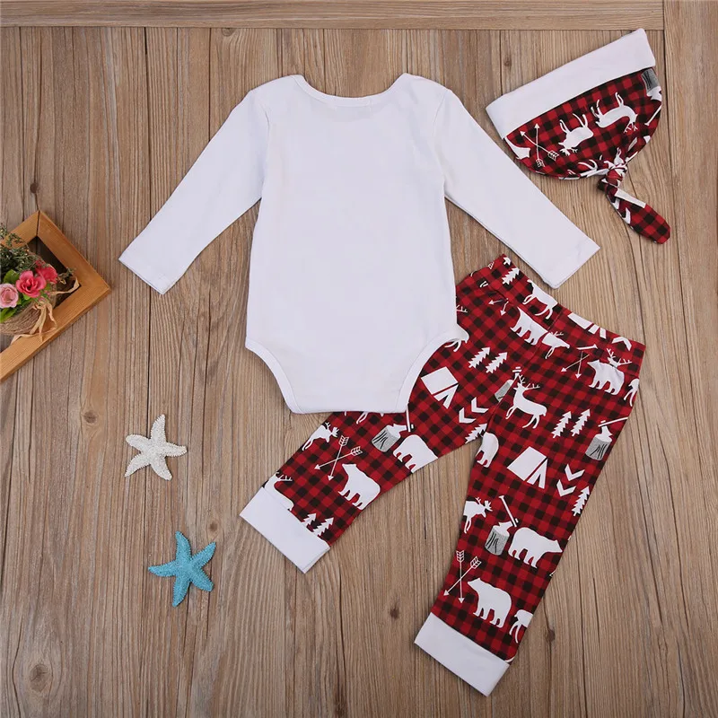 Brand New Christmas 3pcs Set Newborn Infant Baby Boy Girl Best Gift Ever Romper Pants Elk Print Beanie Hat Outfits Clothes USA | Детская