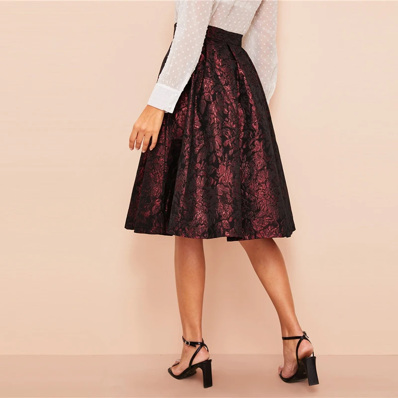 SHEIN винтажная Юбка До Колена с золотым цветочным принтом со средней талией Осенняя элегантная Современная Женская юбка