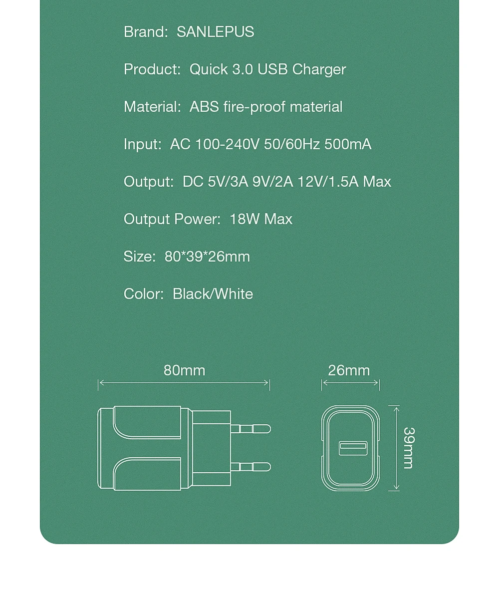 SANLEPUS 18 Вт USB зарядное устройство Quick Charge 3,0 быстрое настенное зарядное устройство для мобильного телефона QC3.0 для iPhone x 8 7 iPad samsung s9 s8 Xiaomi huawei