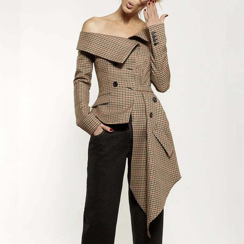 

women jacket Plaid Blazer Tops Female Irrgular Patchwork Slash Neck Long Sleeve Lace up Women Jacket Coat 2018 Autumn Fashion