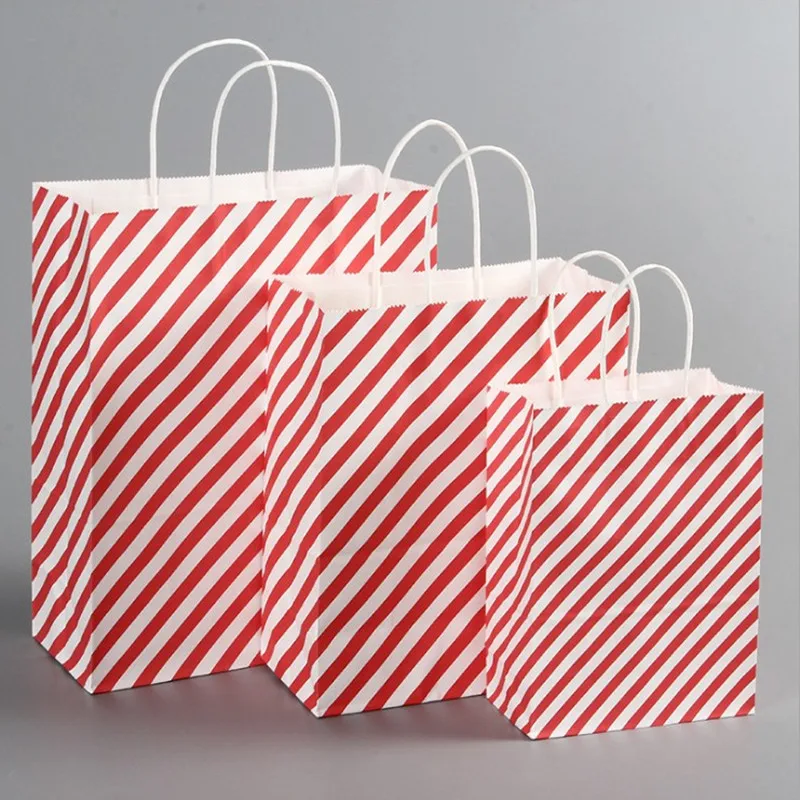 

12 Pcs/lot Striped Gift Bag with Handles Birthday paper gifts bag Festive Party Favor 33x26x12cm