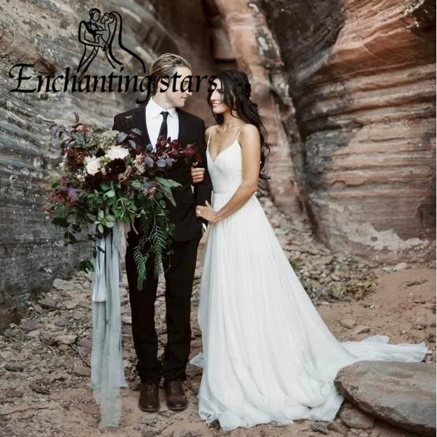 2017 Deep V-Neck Wedding Dresses White Organza Spaghetti Straps Vintage A-Line Bridal Party Dress Gown Real Simple Summer Style | Свадьбы и