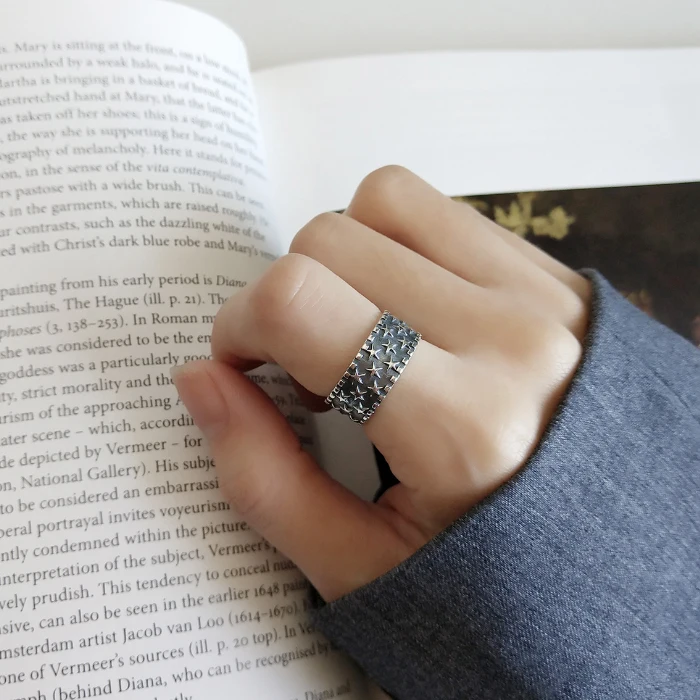 

DIEERLAN Bohemian Personality 925 Sterling Silver Large Star Rings for Women Vintage Adjustable Antique Ring Anillos
