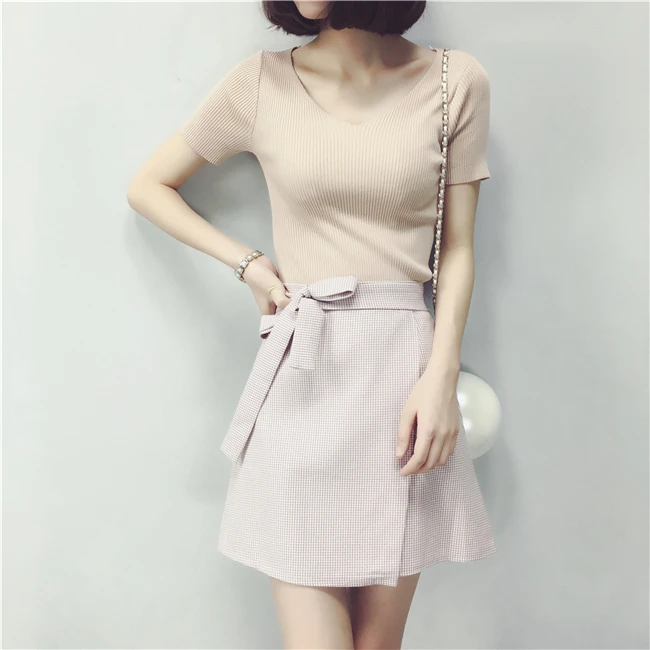 2019 летнее платье с v-образным вырезом короткими рукавами вязаные футболки