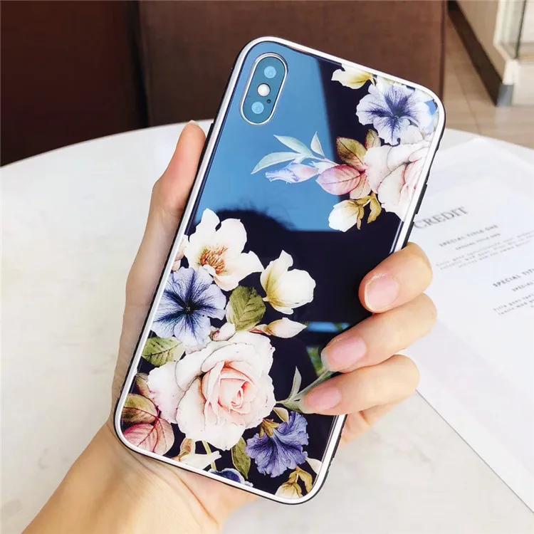 Красивый чехол из закаленного стекла с розами для iPhone 7, чехол для iPhone XS, XR, Max, чехол для iPhone 6, 6 S, 7, 8 Plus, X, Funda Coque - Цвет: bule black