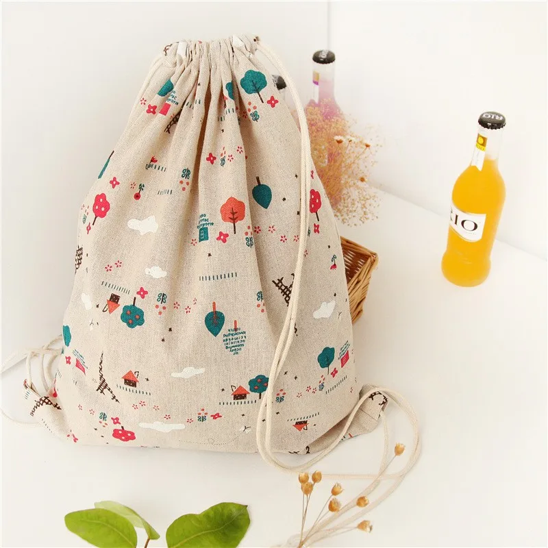 

YILE Cotton Linen Draw String Backpack Travelling Bag Student Bag Printed Tree Flower Towel B018