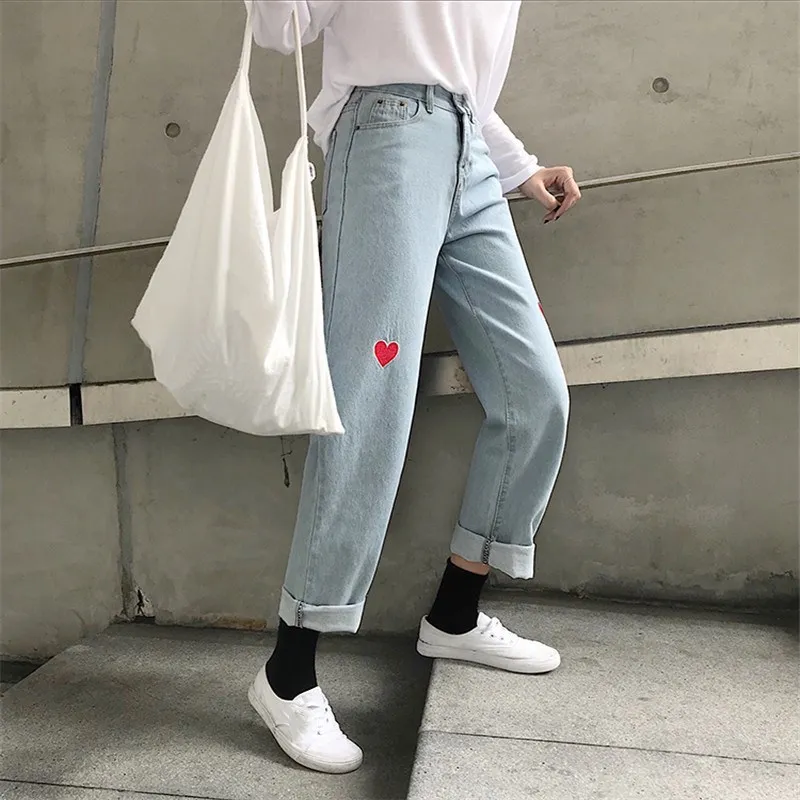Женские джинсы с высокой талией и широкими штанинами Harajuku милые джинсовые штаны
