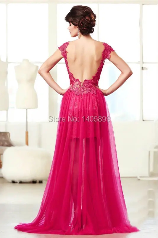 Boat Neck Cap Sleeve With Beaded Lace High Slit Floor Length Open Back A Line Prom Dresses 2014 Vestidos De Festa Vestido Longo | Свадьбы и