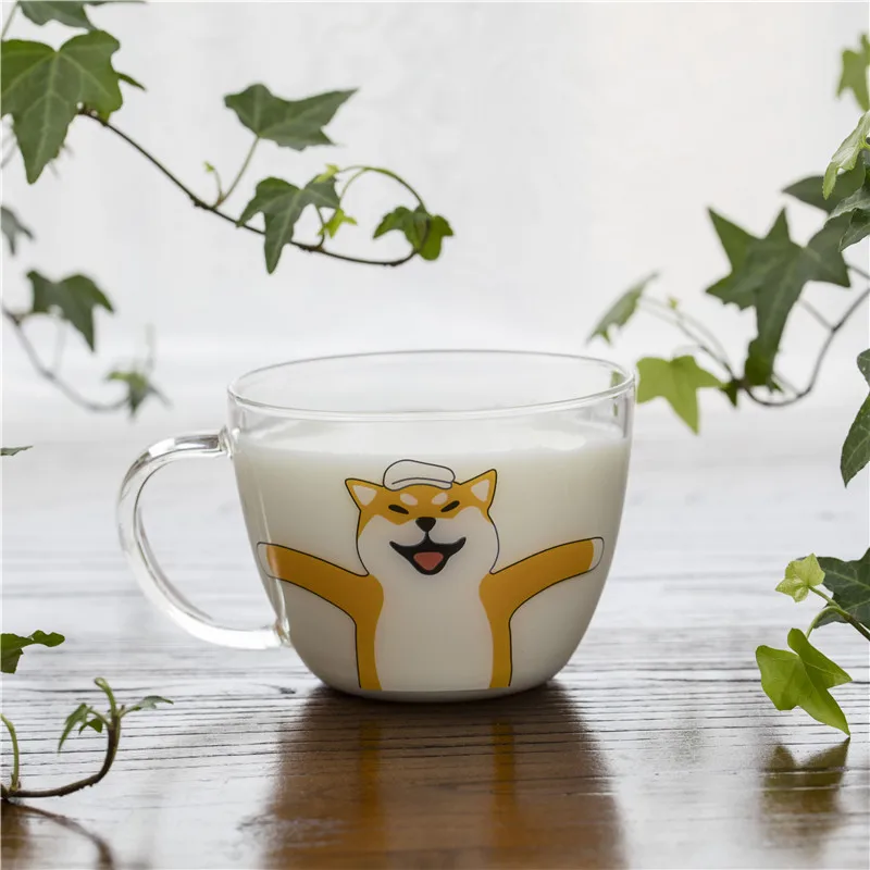 Японская стеклянная кофейная кружка Сакура, милая чайная кружка с котом, оленем, Кроликом, 280 мл, термостойкая стеклянная чайная чашка, кофейная чашка горничной, посуда для напитков - Цвет: Doge 350ml