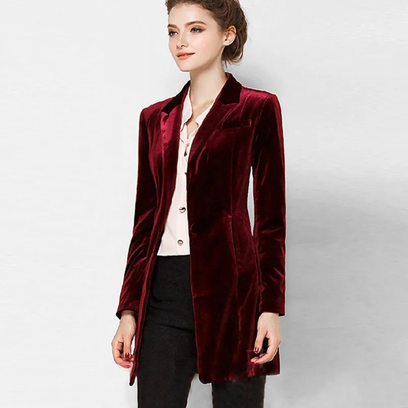 

New Female High Quality Chic Tops Europe women's velvet blazer Slim Fit Long OL jacket Ladies Blouses Suit Coat Free Shipping