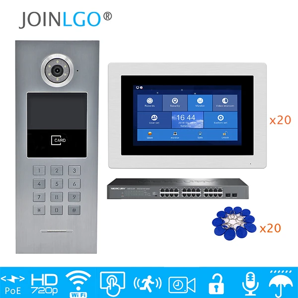 Full Kit 20 LCDS Мульти квартиры POE 720P IP Wifi " сенсорный экран запись видео домофон дверной телефон код клавиатуры RFID наружная камера - Цвет: Full Kit 20 LCDS