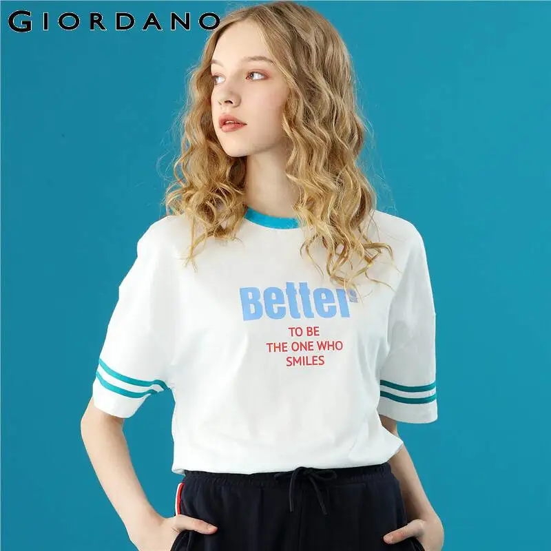 Женская футболка с принтом Giordano свободная со слоганом и коротким рукавом топы