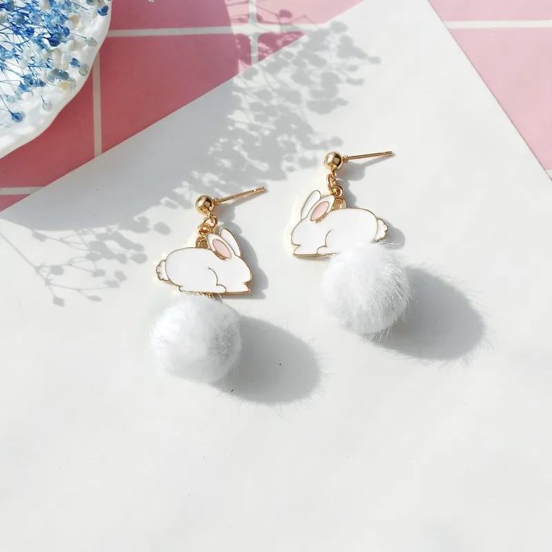 Brincos Para As Mulheres Qiu Dong Earrings Japan And South Korea Girl Sweet Ins Cute Animals Rabbit Hair Bulb Stud | Украшения и
