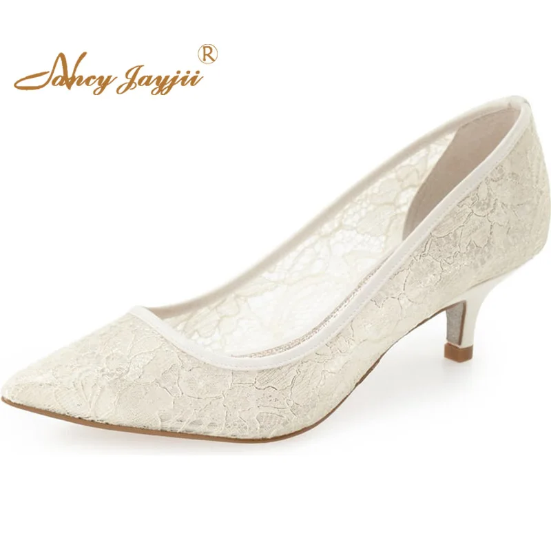

White Lace Kitten Thin Heels Pointy Toe Wedding Shoes Pumps Woman Slip On Large Size 11 15 Elegant Dress Fashion Customization