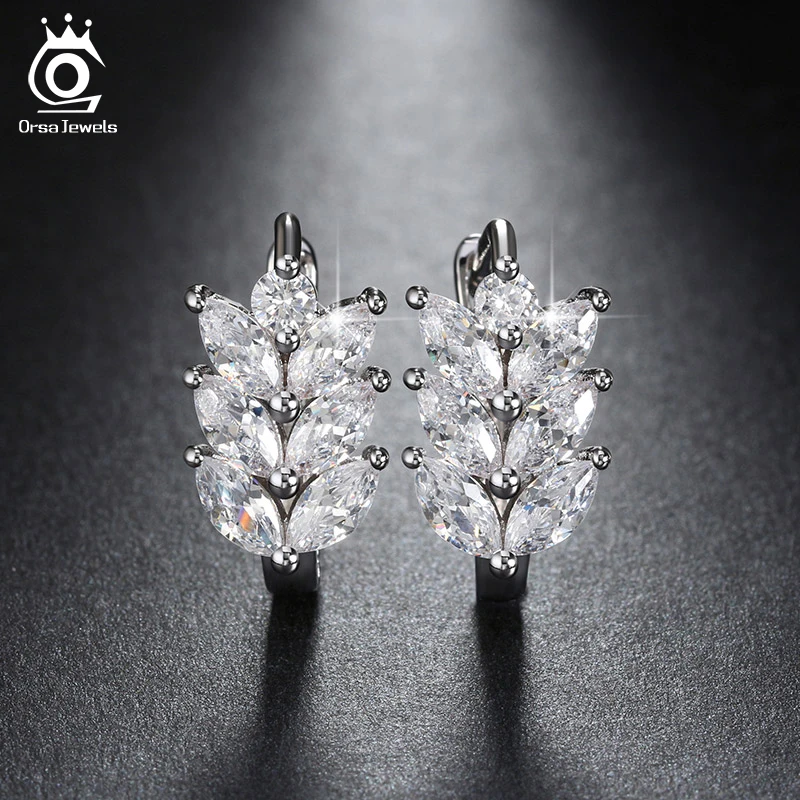 ORSA JEWELS Серебряный Цвет Стильные Серьги в Форме Листьев Огранка Маркиза ААА Австрийский Прозрачный Фианит Женские Модные Серьги-Гвоздики ОМЕ03