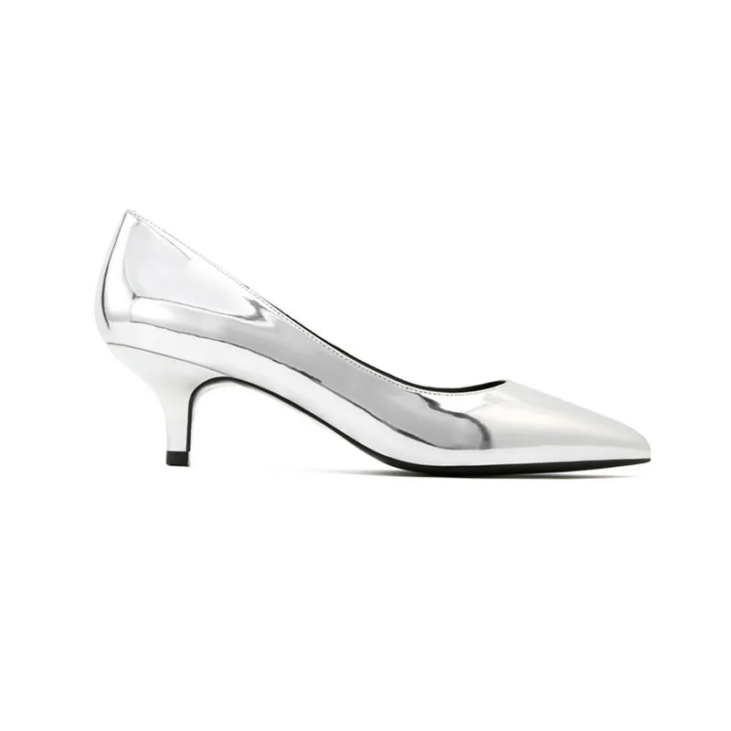 Серебристые женские туфли лодочки 5 см с острым носком на среднем каблуке модная