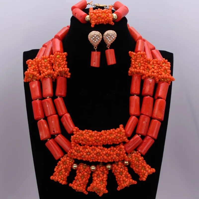 

African Bridal Beads Sets Orange Nigerian Wedding Jewelry Set For Brides Nature Coral Necklace Set of Beads Free Shipping 2018
