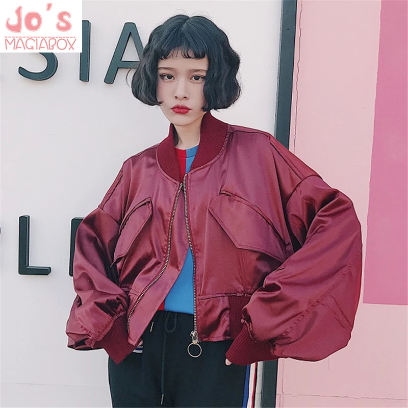 Red Зимняя куртка-бомбер для женщин Harajuku Pilot негабаритный свободный сплошной цвет рукав летучая мышь пальто короткий стиль Шикарный кольцо молния повседневная куртка - Цвет: Red