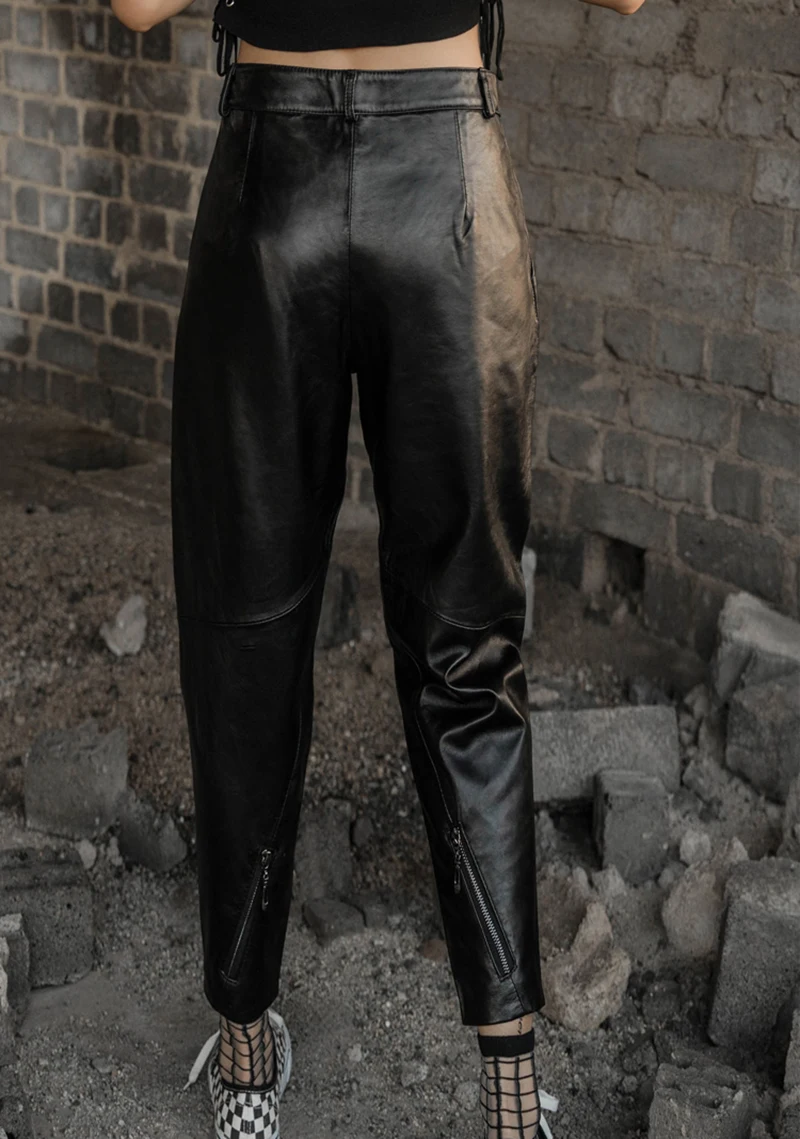Autumn Women Large Size 4XL Leather Harem Pants Casual Real Leather Lambskin Pencil Pants Ladies Streetwear Female Slim Trousers