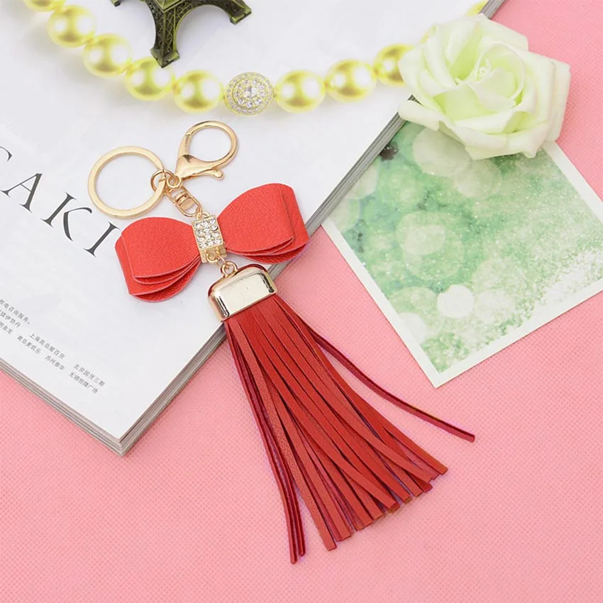 2018 женский кожаный золотой брелок с кисточками кристаллами бантом сумка llavero