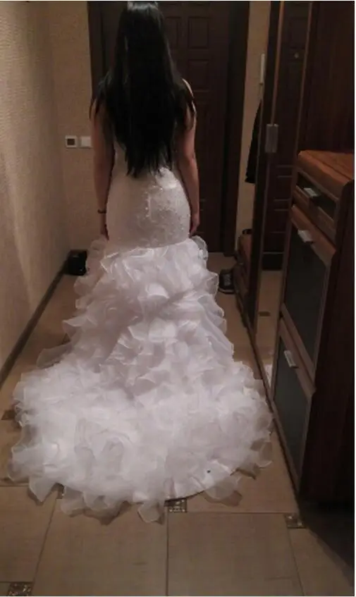 2016 милые русалка белое кружево бисерные Пышные свадебные платья без бретелек