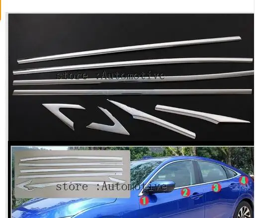 AX 8PCS LHD CHROME BUTTOM WINDOW SILL TRIM SURROUND COVER 2016 2017 2018 FOR HONDA CIVIC MOLDING LINING ACCENT GARNISH STAINLESS