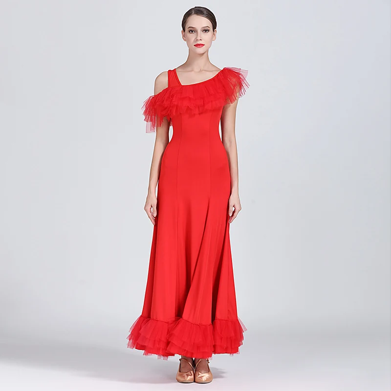 green inclined shoulder dancing clothes ballroom waltz dresses standard dress Foxtrot modern dance flamenco | Тематическая одежда