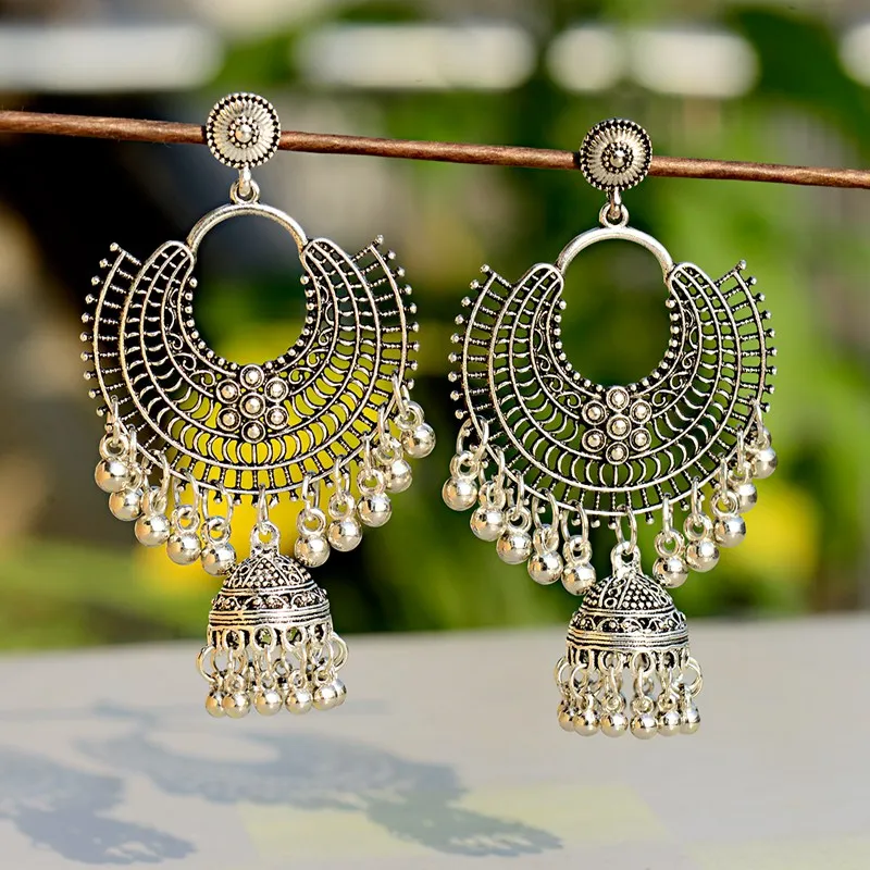 Фото 2022 круглые винтажные женские серьги-подвески Jhumka в этническом стиле, Турецкая бижутерия №4