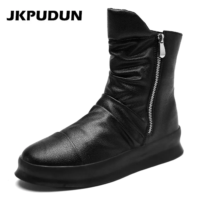 JKPUDUN/Модные ботильоны для мужчин роскошные кожаные брендовые ботинки на молнии