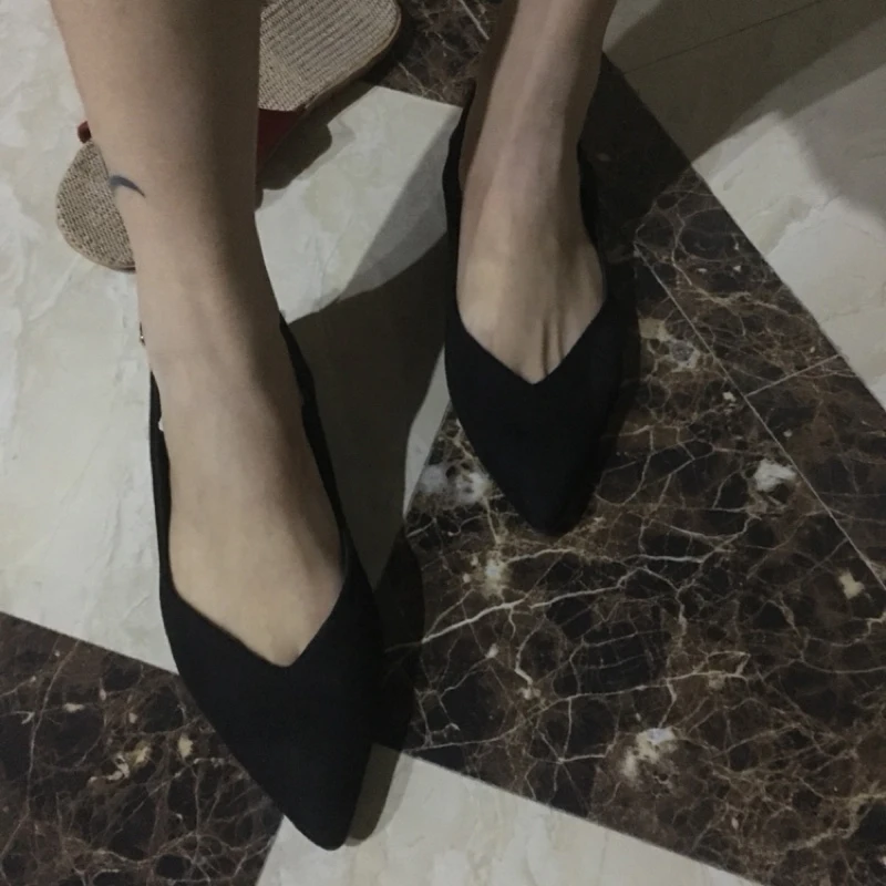 Модный Европейский Slingback слипоны замшевые последние Туфли без каблуков острый носок женский, Черный Размер 34 Ремешок на щиколотке острым Дамы Красивые