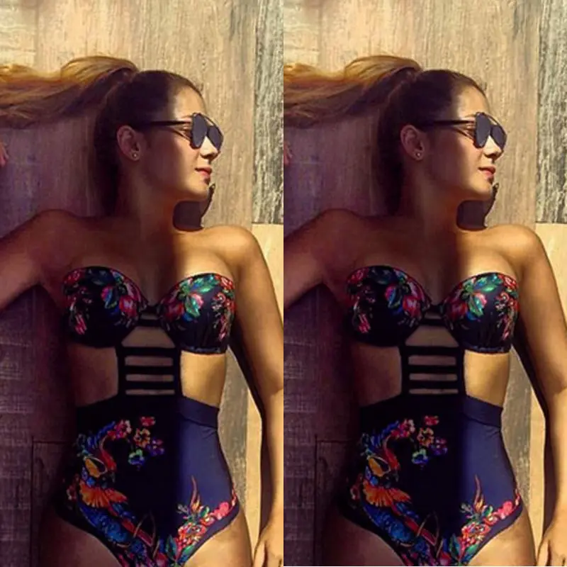 2017 Ретро стиль Женский цельный Монокини купальник полый пуш ап бикини с