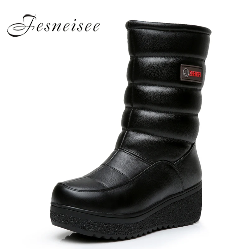 New Winter Mid Calf Boots Women Genuine Leather Boots Wedges Round Toe Mid Heels Boots High Quality Shoes Size 34-41 M4.0