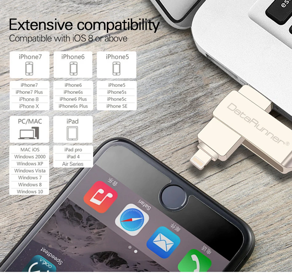 DataRunner USB флэш-накопитель портативный флэш-накопитель 32 Гб 64 Гб 128 usb-шнур 8 Гб 16 Гб Кле usb 3,0 Флешка для iPhone XS MAX/XR/X/8 Plus