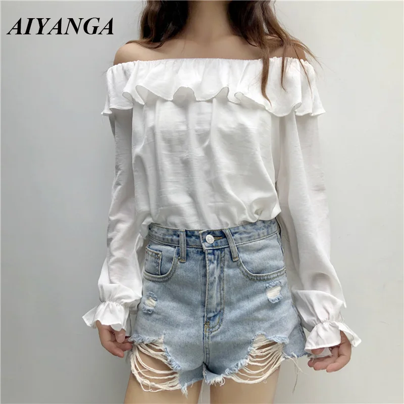 Sexy Off Shoulder White Blouses Women Slash Neck Long Sleeve Shirts Oversized Casual Shirt Female Loose Blouse Tops 2022 Autumn