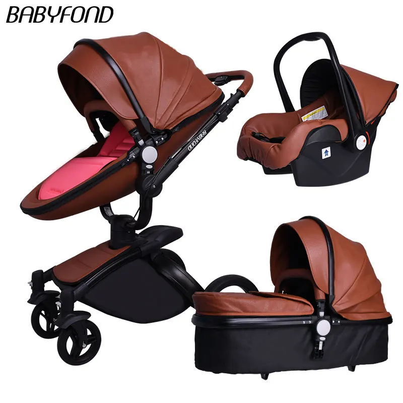25 долл. США Купоны! babyfond кожа коляска Роскошные Детские коляски 3 в 1 складной kinderwagen Детские коляски ребенок коляска отправить бесплатные подарки - Цвет: 3 in 1 b-brown 3