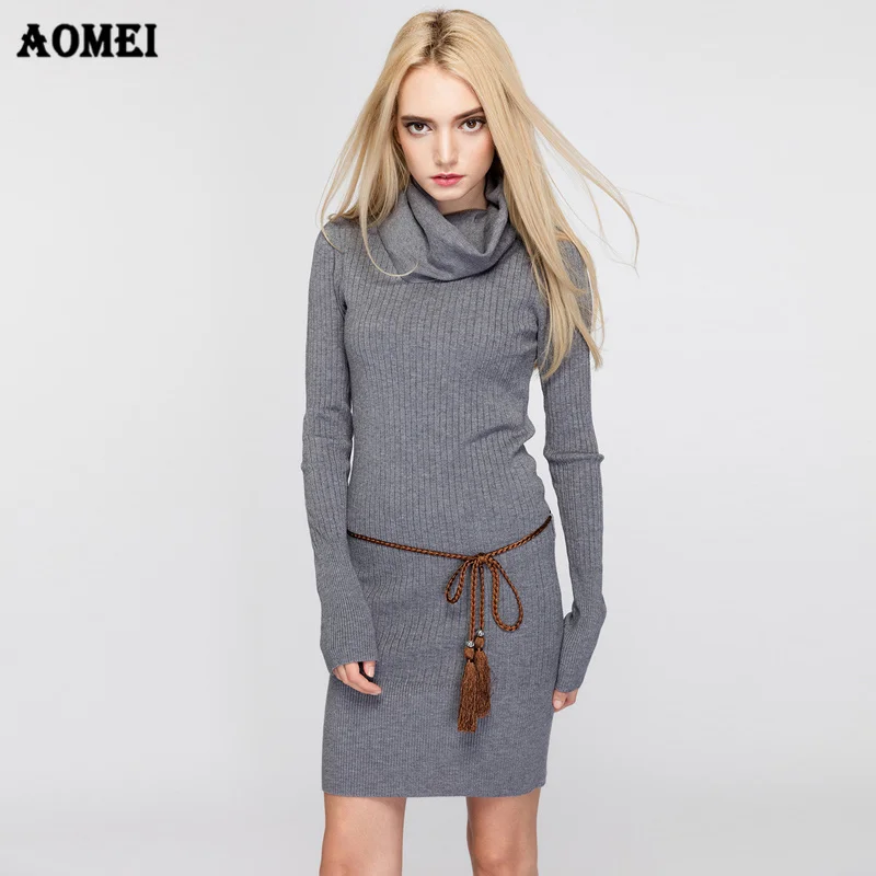 Turtle Neck Women Sweater Dress 2019 Long Sleeves Fashion Gray Solid Elegant Knitted Dresses Tight Classy Casual Warm Sweaters | Женская