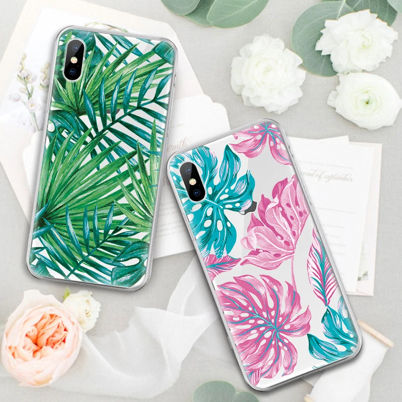 Чехол из ТПУ с рисунком для iPhone XR XS 7 8 6 6S Plus прозрачный чехол зелеными растениями X